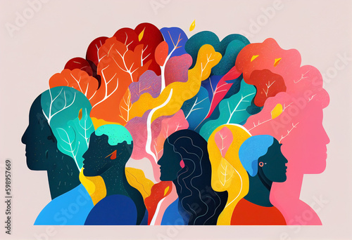 Coloful group of unrecognizable people. Concept of mental, emotional and behavioral divergence. Creative people out of the norm. Imaginative human silhoutte creating their own dreams. 5 persons. photo