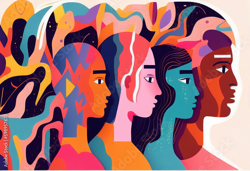 coloful group of unrecognizable people. Concept of mental, emotional and behavioral divergence. Creative people out of the norm. Imaginative human silhoutte creating their own dreams. 