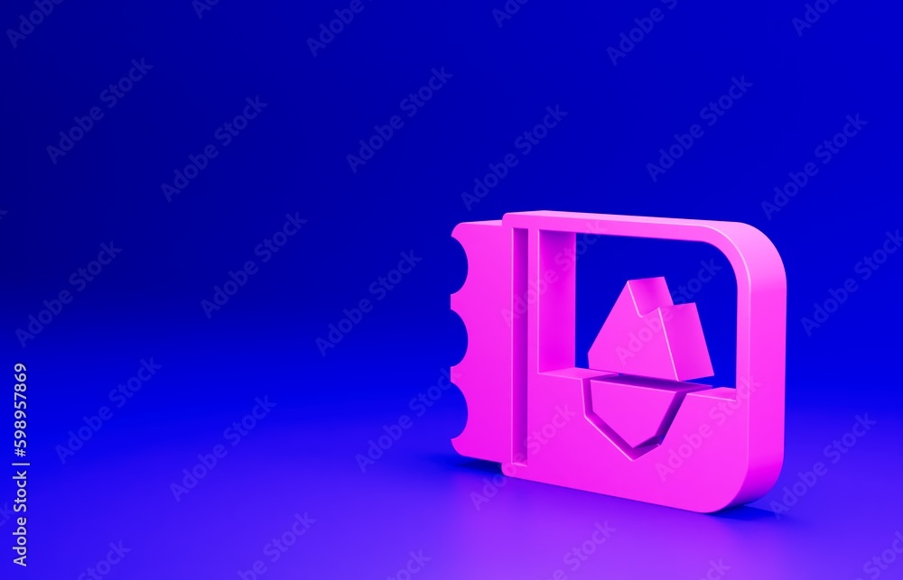 Pink Ticket in Iceland icon isolated on blue background. Minimalism concept. 3D render illustration Pink Ticket in Iceland icon isolated on blue background. Minimalism concept. 3D render illustration