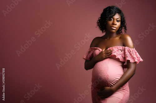 portrait of poc pregnant woman holding belly wearing pink lace dress isolated on burgundy studio background with copy space, made with generative ai