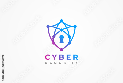 Cyber Security Logo,  abstract shield formed from network line with keyhole inside, usable for technology and security company logos, vector illustration