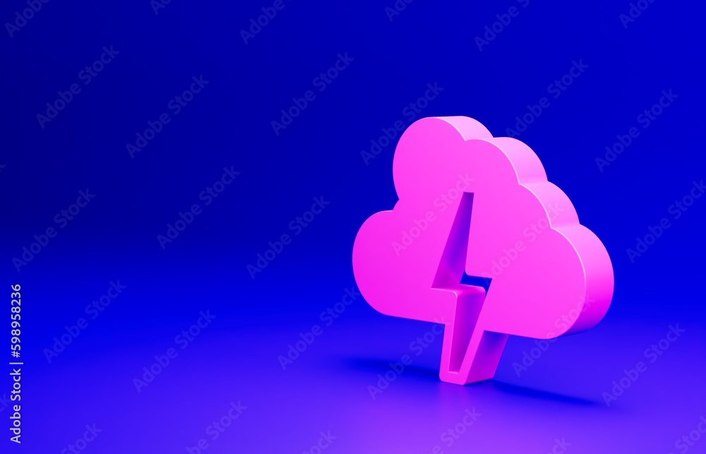 Pink Storm icon isolated on blue background. Cloud and lightning sign. Weather icon of storm. Minimalism concept. 3D render illustration Pink Storm icon isolated on blue background. Cloud and lightning sign. Weather icon of storm. Minimalism concept. 3D render illustration