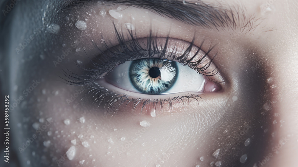 Captivating blue female eye close-up: Detailed and expressive, studio light, winter effect, cold and vibrant color, AI 