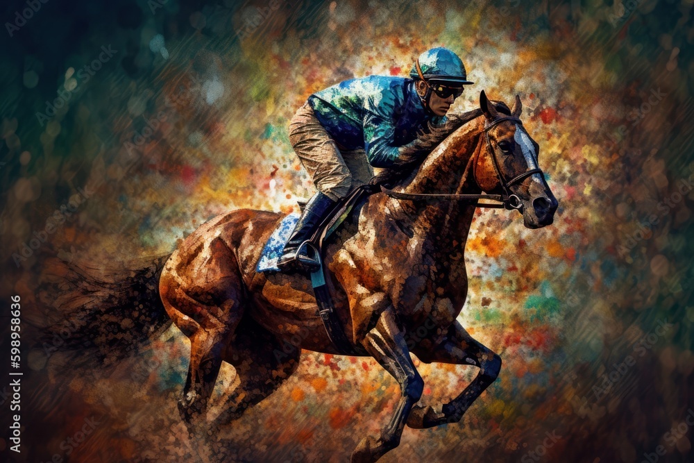 Horse jockey riding on gallop on colourful background. Watercolour paint style, Generative Ai