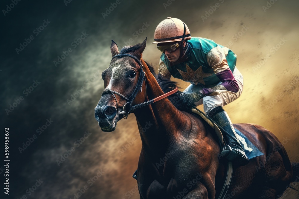 Horse jockey riding on gallop on colourful background. Illustration style, Generative Ai - obrazy, fototapety, plakaty 