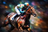 Horse race in motion blur. Colorful paint splashes, Generative Ai