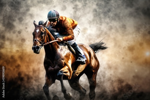 Horse jockey riding a race with a black horse in the dust, Generative Ai © Angus.YW