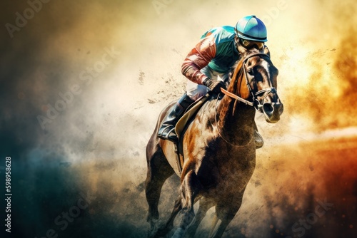 Illustration of Jockey riding a race horse in the dust, close-up, Generative Ai
