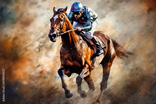 A horse jockey riding on gallop on retro background. Illustration style, Generative Ai © Angus.YW