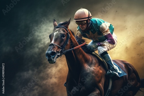 Fototapeta Horse jockey riding on gallop on colourful background