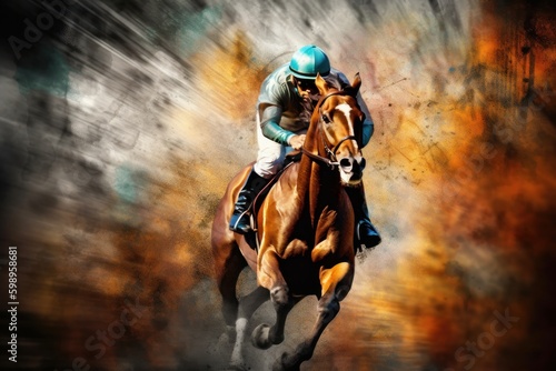 Horse and jockey in a race against a grunge background, Generative Ai