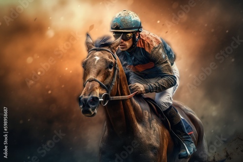 Horseman jockey riding on a racecourse in the dust, Generative Ai