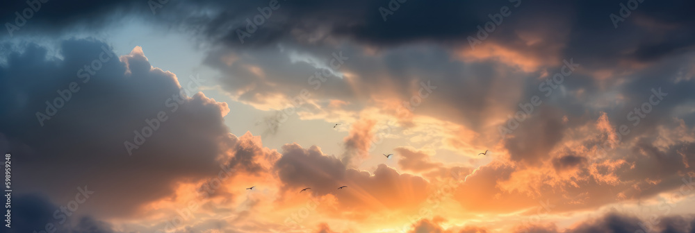 Fototapeta premium Panoramic Sunset Sky with Clouds Background: Ultra-Sharp Photography in Wide Angle. Captivating Nature's Canvas. AI Generative 