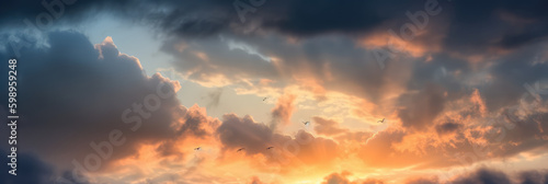 Panoramic Sunset Sky with Clouds Background: Ultra-Sharp Photography in Wide Angle. Captivating Nature's Canvas. AI Generative 