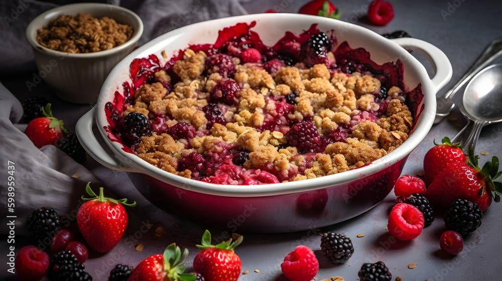 Homemade rhubarb crumble with berries on a wooden table. Generative AI. Homemade rhubarb crumble with berries on a wooden table. Generative AI.