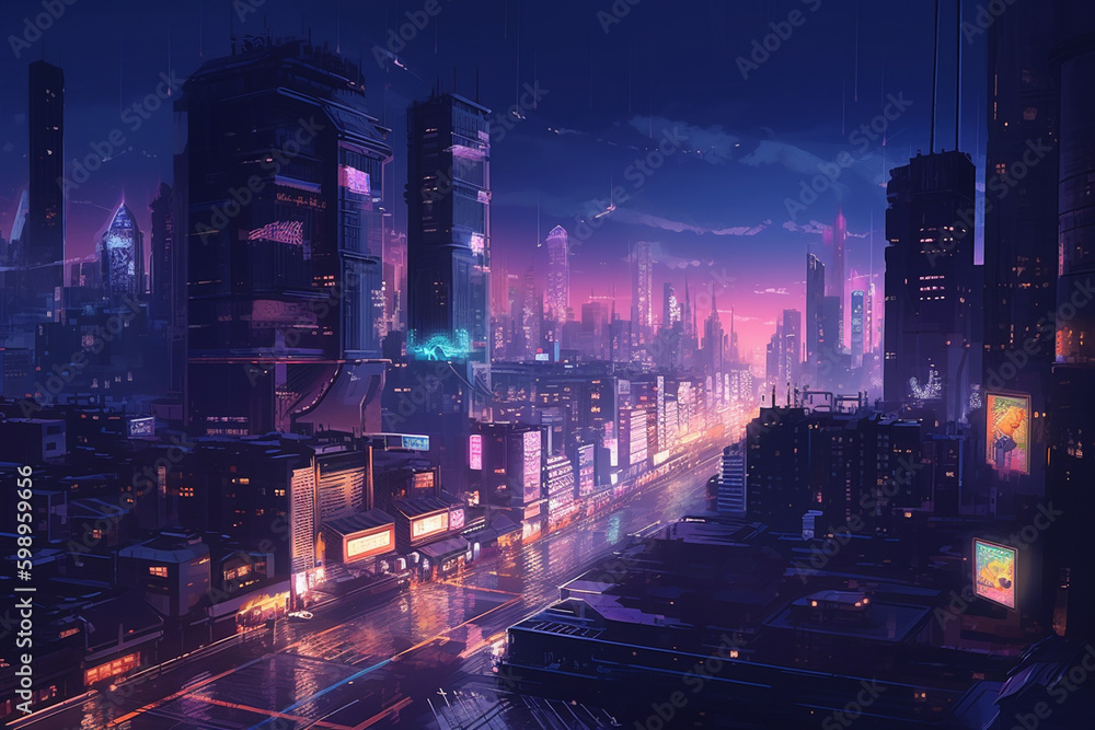 City photo with neon lights and city background
