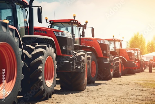 Exhibition - new tractors lined up next to each other in a row  created with Generative AI technology photo