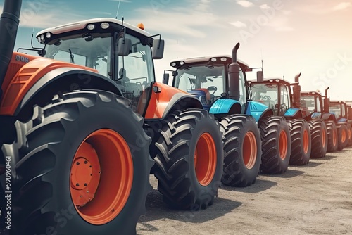 Many different tractors standing in row at agricultural fair for sale outdoors.Equipment for agriculture.Heavy industrial machines presented to agricultural exhibition. Agribusiness leasing concept