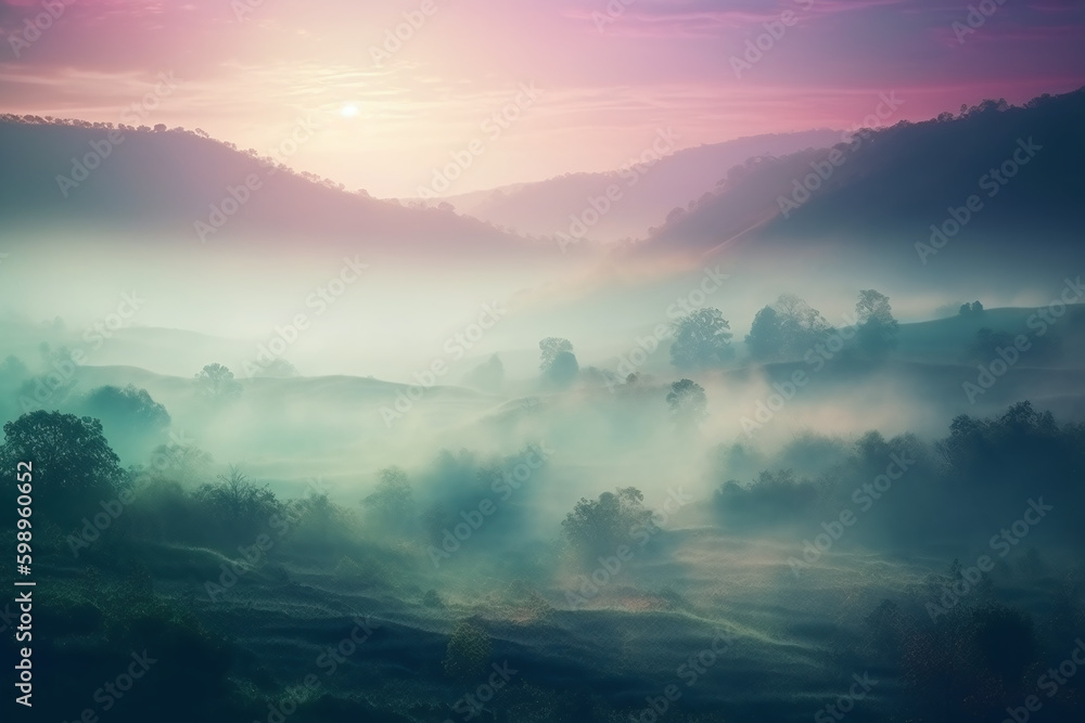 Fond d'écran d'un paysage coloré au lever du soleil un temps de brouillard » IA générative