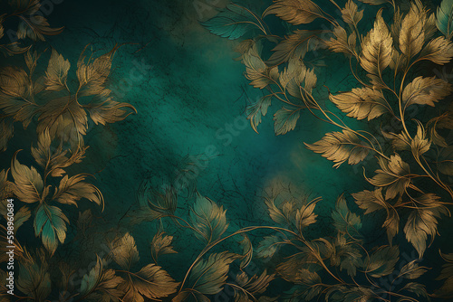 Fond d'écran vert émeraude avec des feuilles en or » IA générative