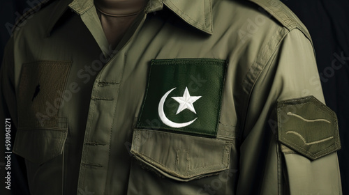 Shield with Pakistan flag on an army uniform. 23 march pakistan day with flag banner, Pakistan independence day, Generative Ai