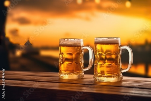 pint on a wooden table in the golden light of a summer sunset with generative ai
