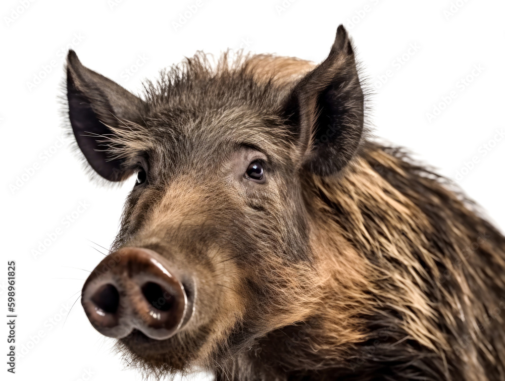 Fototapeta premium Close-up of a wild boar in front of a white background. Generative AI.