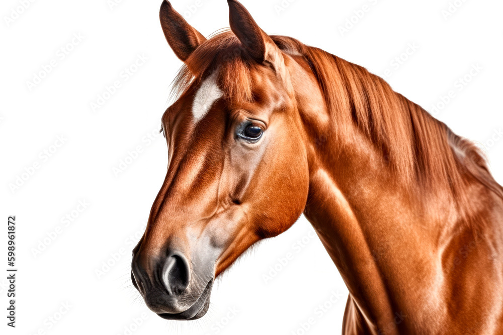 Portrait of a chestnut horse isolated on a white background.. Generative AI. Portrait of a chestnut horse isolated on a white background.. Generative AI.