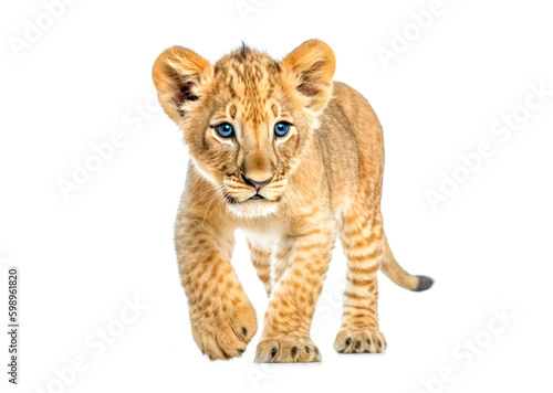 Lion cub in front of a white background. Generative AI.