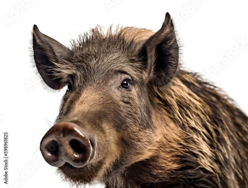 Close-up of a wild boar in front of a white background. Generative AI.