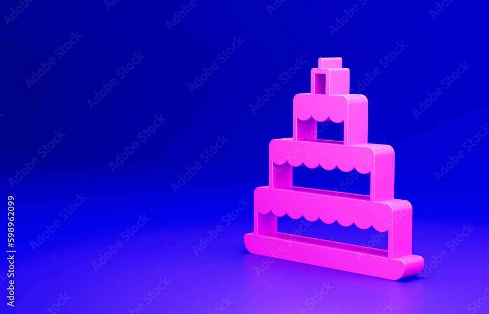 Pink Wedding cake icon isolated on blue background. Minimalism concept. 3D render illustration Pink Wedding cake icon isolated on blue background. Minimalism concept. 3D render illustration