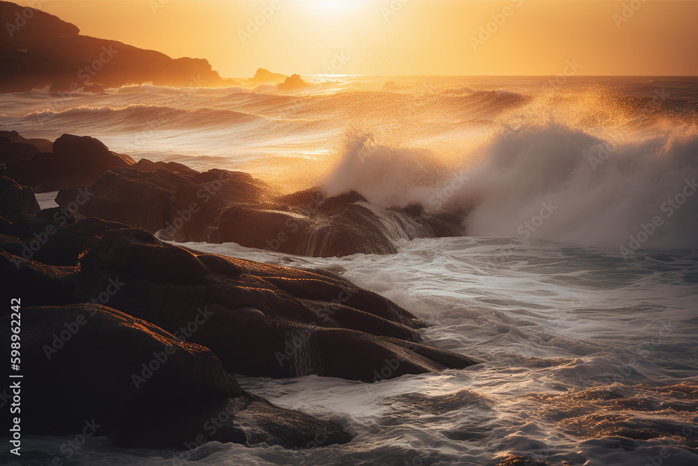 Fond d'écran de vagues s'écrasant au lever du soleil » IA générative