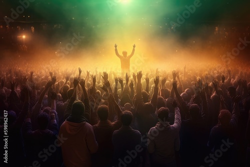 Fans waving hands in a concert at night photo. Generative ai