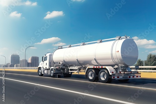 White big modern tanker shipment cargo commercial semi trailer truck moving fast on motorway road city urban suburb. Business distribution logistics service created with Generative AI technology photo