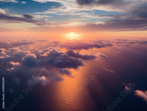 Aerial view above fluffy clouds with ocean and evening sun, warm tones. Generative AI