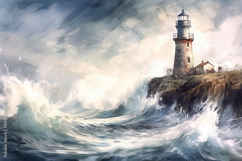 Watercolor of a lighthouse against a raging sea storm. Generated ai.
