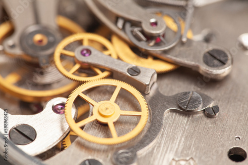 Mechanism, clockwork of a stopwatch close-up. Time, work concept