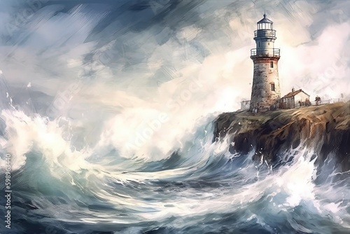 Watercolor of a lighthouse against a raging sea storm. Generated ai. © Маргарита Вайс