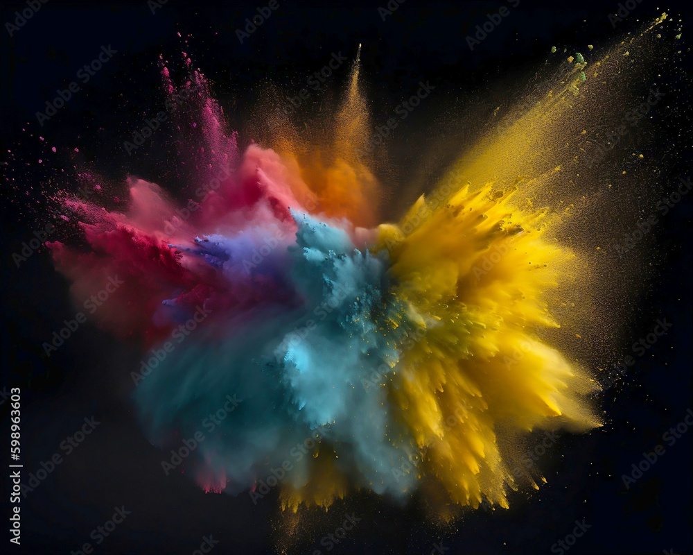Color powder explosion of color cloud ink. Paint splash colourant with dye smoke blend background. Creative color ink or paint drips splash, color powder explode. Abstract background generative ai