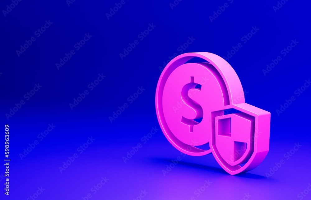 Pink Money with shield icon isolated on blue background. Insurance concept. Security, safety, protection, protect concept. Minimalism concept. 3D render illustration Pink Money with shield icon isolated on blue background. Insurance concept. Security, safety, protection, protect concept. Minimalism concept. 3D render illustration