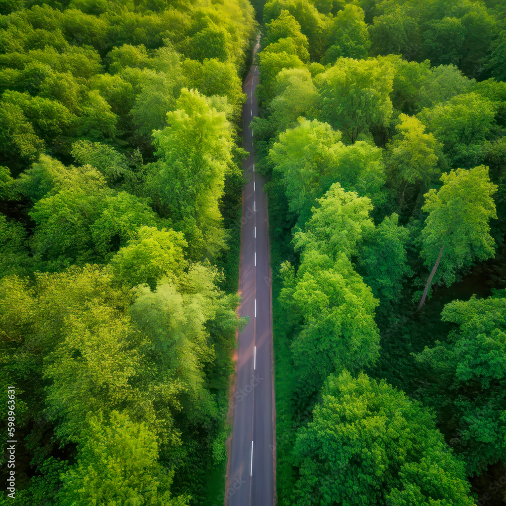 Aerial view of countryside road passing through the green forrest, generative ai Aerial view of countryside road passing through the green forrest, generative ai