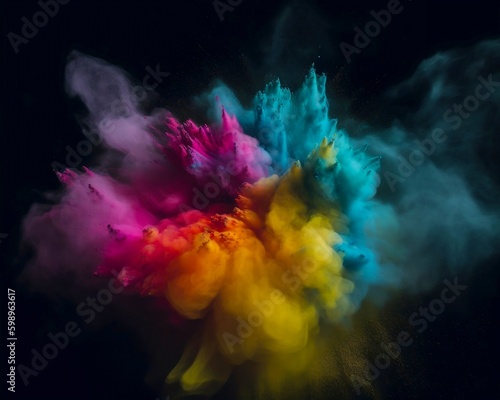Color paint explosion of paint cloud drips in vibrant colors. A burst of colorful pigment particles in water. Abstract wallpaper. Generative AI.