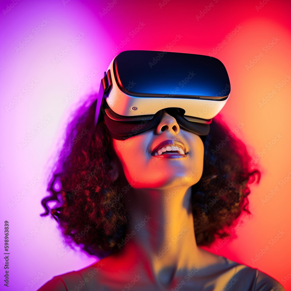 A woman wearing a virtual reality headset. Ai generated illustration. A woman wearing a virtual reality headset. Ai generated illustration.