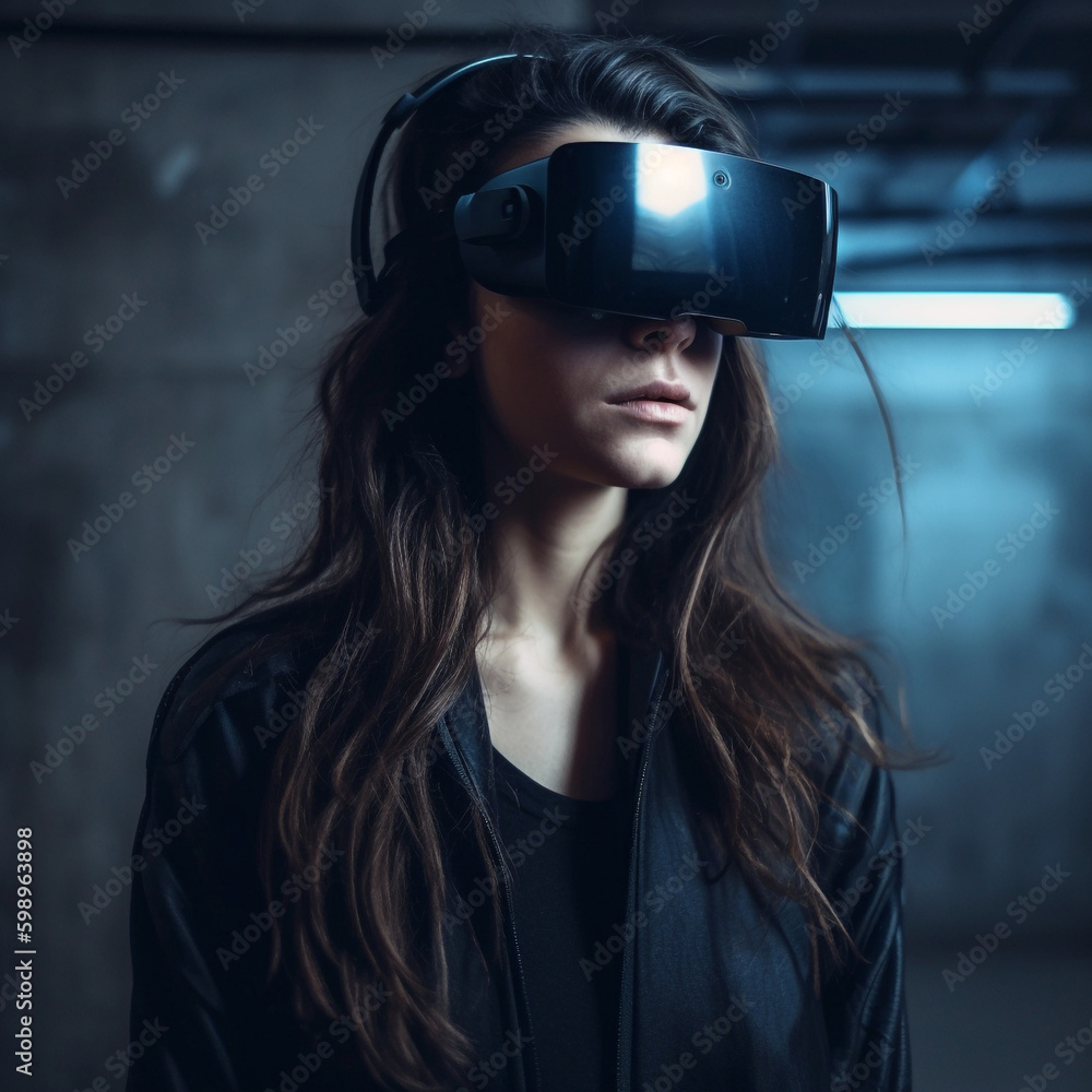 A woman wearing a virtual reality headset. Ai generated illustration. A woman wearing a virtual reality headset. Ai generated illustration.