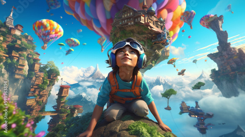 A Kid with VR glasses in some fantastic imaginative gaming world. Ai generated.