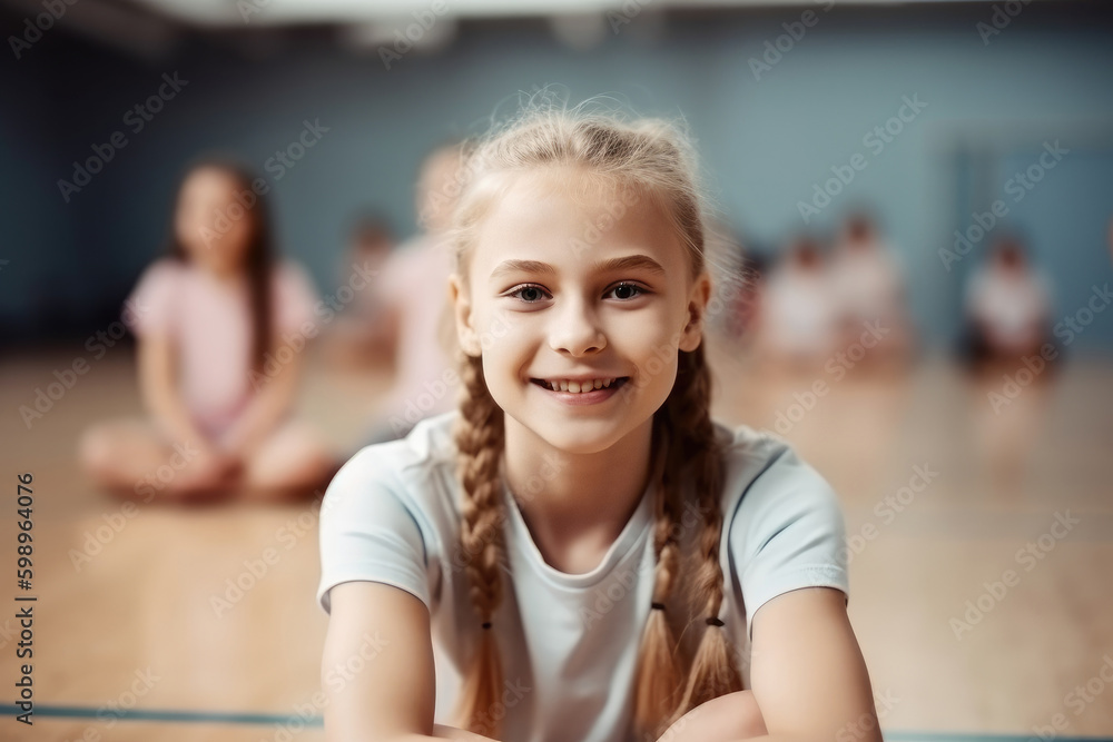 School girl smiling and looking at camera in the gym at school with group of students at the background. Generative AI.