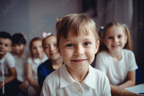 Portrait of School girl smiling and looking at camera studying at school with group of students at the background. Generative AI.