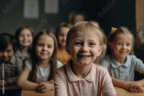 Portrait of School girl smiling and looking at camera studying at school with group of students at the background. Generative AI.
