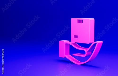 Pink Delivery insurance icon isolated on blue background. Insured cardboard boxes beyond the shield. Minimalism concept. 3D render illustration