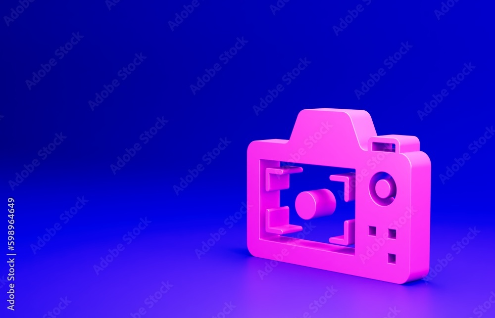 Pink Photo camera icon isolated on blue background. Foto camera. Digital photography. Minimalism concept. 3D render illustration